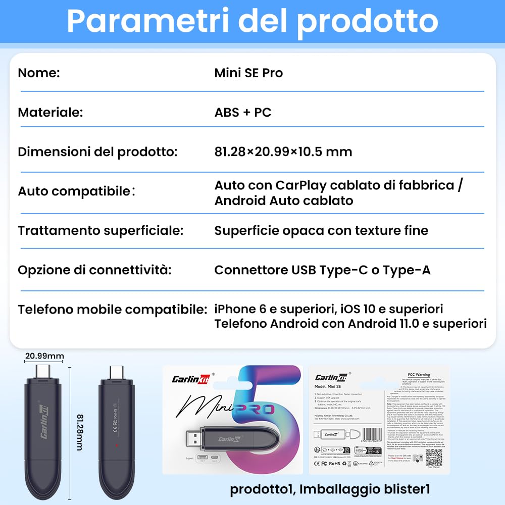 Carlinkit MINI SE Pro CarPlay Wireless e Android Auto Wireless 2 in 1,per Converti carplay&Android auto cablato in wireless carplay&Android auto adapter, per Car Modelli 2016+