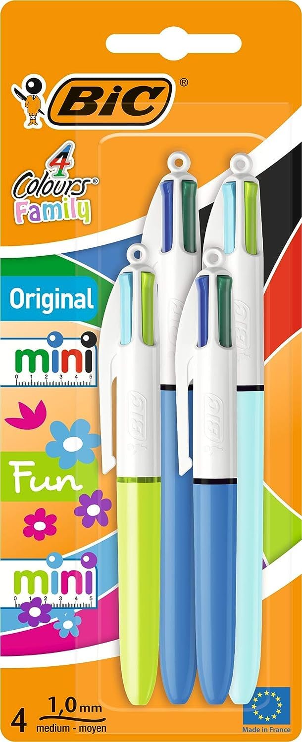Bic 4 Farben Family Pen Packung Druckkugelschreiber mit vier Tintenfarben, 4er Set (2 Mini, 2 Original)