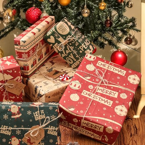 Geschenkpapier Weihnachten - 12 Blatt 70x50cm Geschenkpapier Weihnachten Kinder mit Geschenkanhänger und Packseil, Kraftpapier Weihnachtsgeschenkpapier für Geschenkverpackung Weihnacht kinder