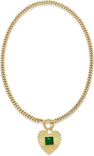 ENSKEFEN Gold Heart Pendant Necklaces for Women Trendy Green Square Rhinestone H