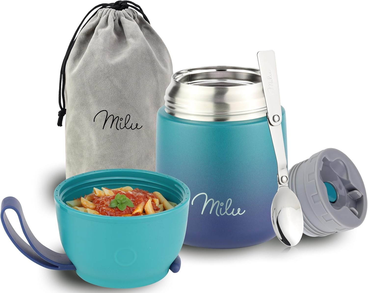 Milu® Thermo Food Flask 450ml - Stainless Steel Insulated Container - Lunchbox - Jar with Spoon for hot and Cold Food (Green Blue, 450ml)