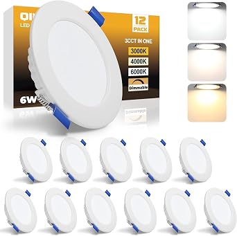 Qingmiao LED Recessed Ceiling Lights, 6W Ultra Slim LED Downlights, Warm White 3000K Neutral White 4000K Cool White 6000K, IP44 Dimmable Spotlights for Bathroom Kitchen Living Room,White 12 Pack [Energy Class E]