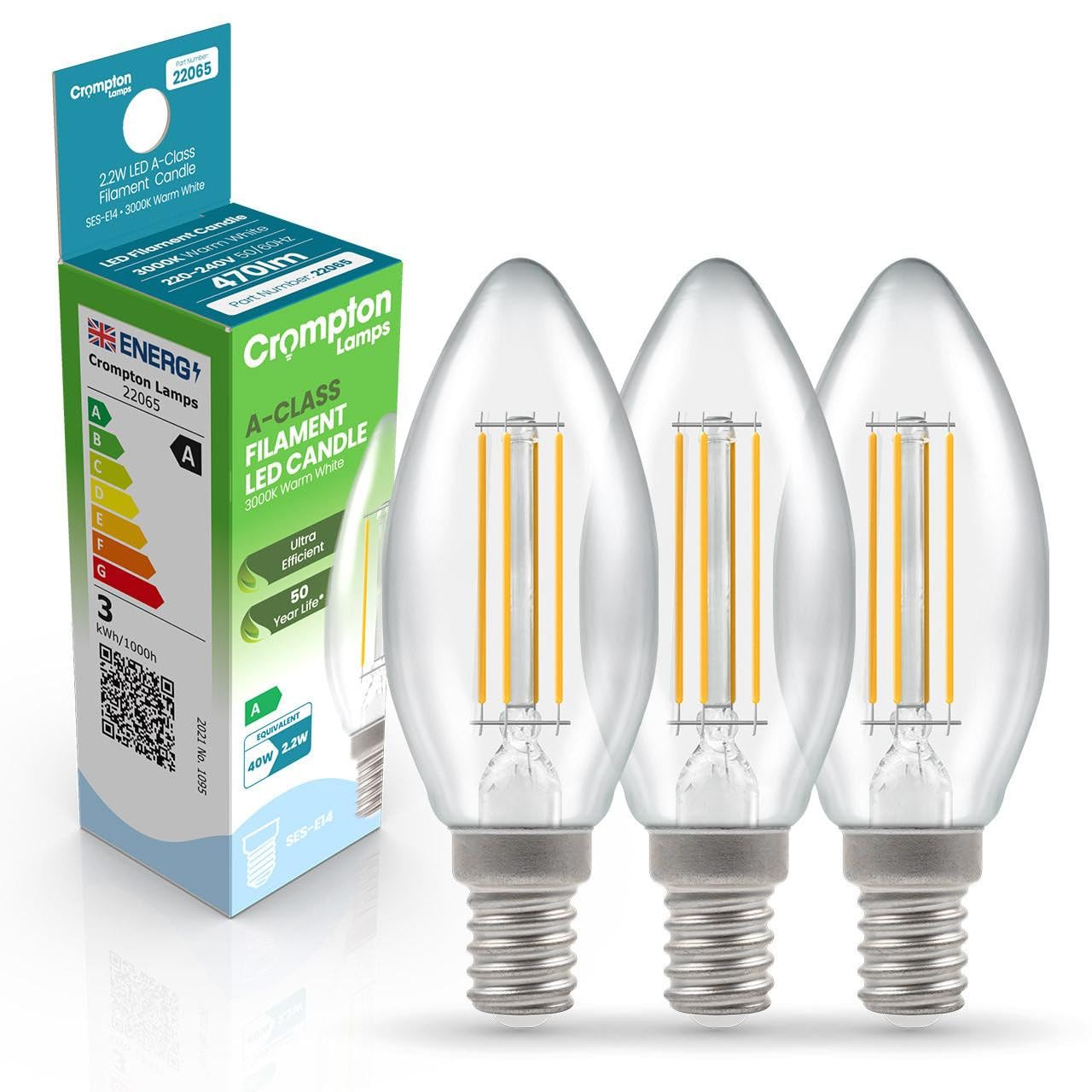 Crompton Lamps LED Ultra-Efficient Candle 2.2W SES-E14 A-Class (3 Pack) (40W Equivalent) 3000K Warm White Clear 470lm SES Small Screw E14 Energy Efficient Filament A-Rated Multipack Light Bulbs