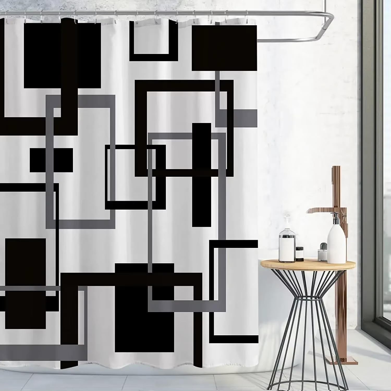 KELAIMI Mid-Century Modern Abstract Geometric Shower Curtain - Modern Simple Waterproof Bathroom Curtain - Quick-Drying Polyester Bathtub Curtain with Hooks Black 180X180Cm