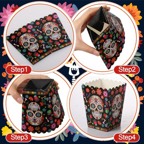 Image of MotiMind 100 Pcs Day of the Dead Popcorn Mini Box Halloween Sugar Skull Popcorn Containers Bulk Dia De Los Muertos Paper Treat Snack Candy Boxes for Dia De Los Muertos Halloween Themed Party Supplies