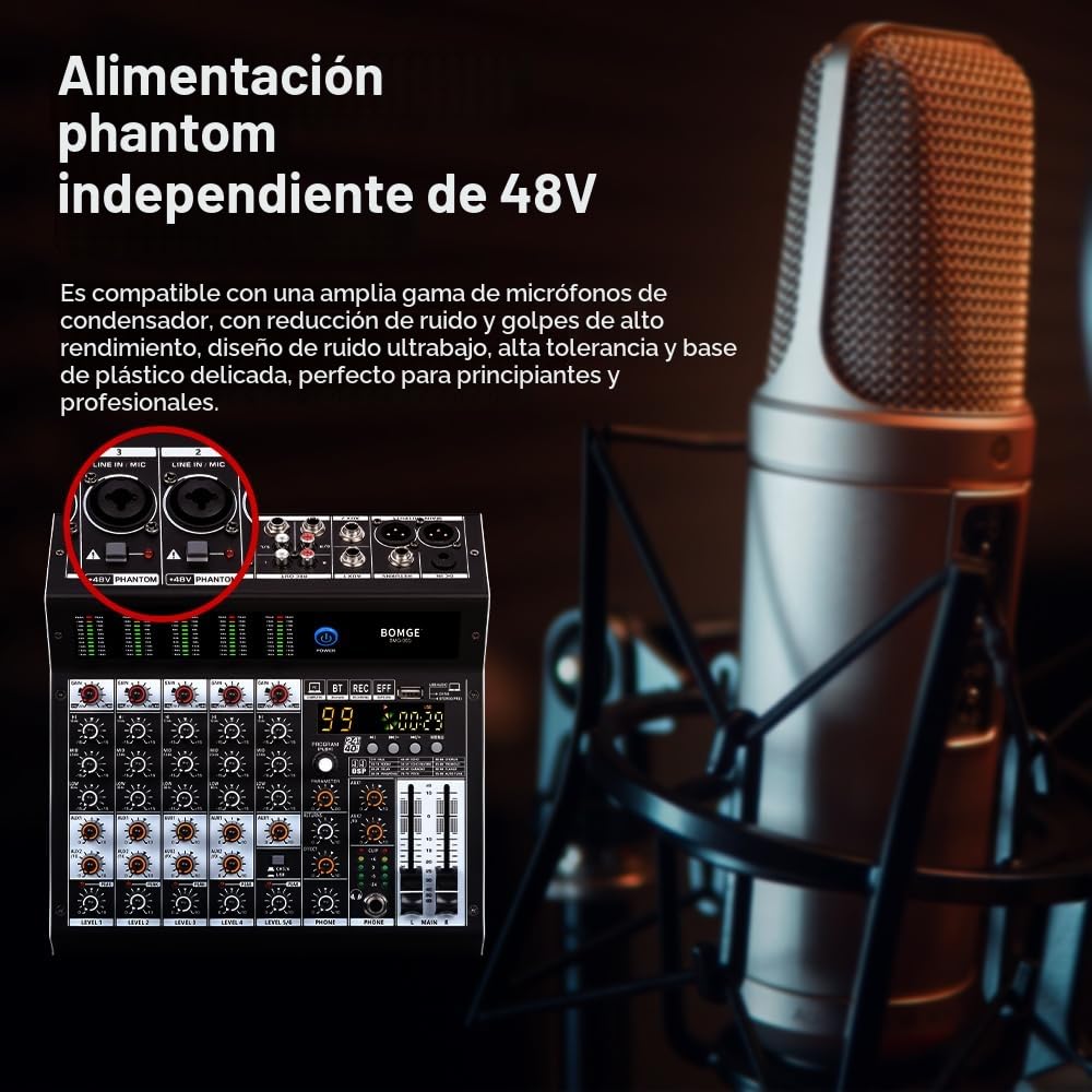 BOMGE Mezclador de audio profesional de 6 canales con efecto DSP de 99, fantasma de +48 V, Bluetooth, interfaz USB. Procesador 2 AUX.FX para grabación de estudio y actuaciones en vivo