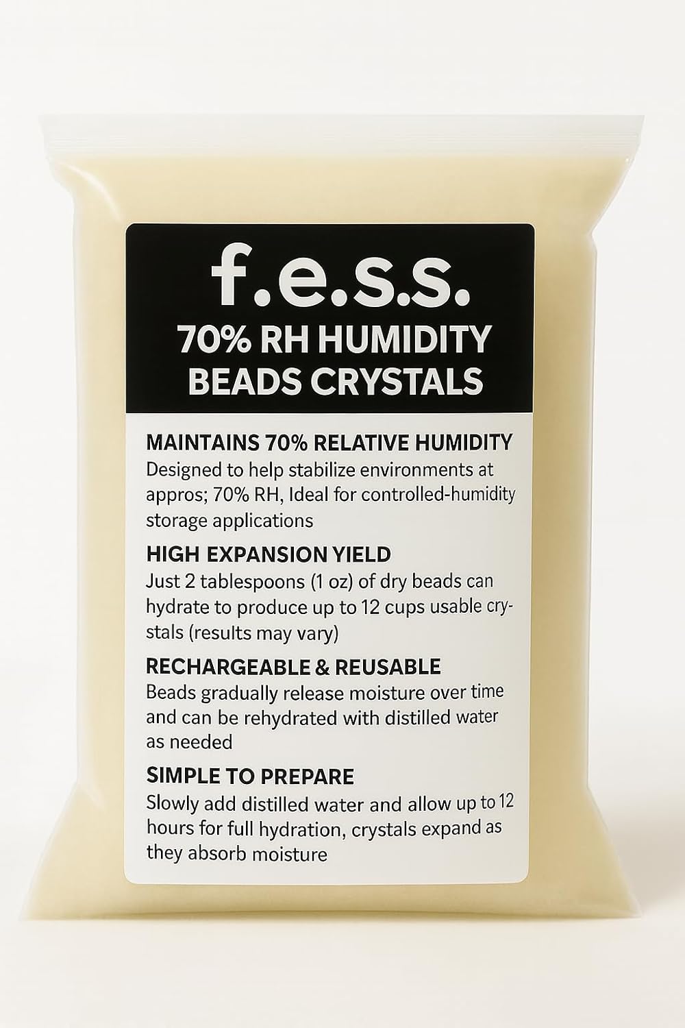 F.e.s.s. 70% RH Humidity Beads Crystals – Refillable & Reusable Humidity Beads for Storage Containers, Humidors, Instruments & Display Cases (32 Ounces)
