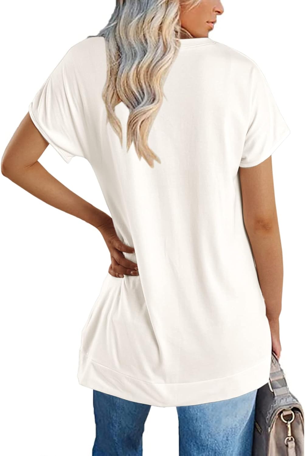 Women's Round Neck Solid Color T-Shirt Side Slit Casual Short-Sleeved Summer Sports Tunic Top - Image 3