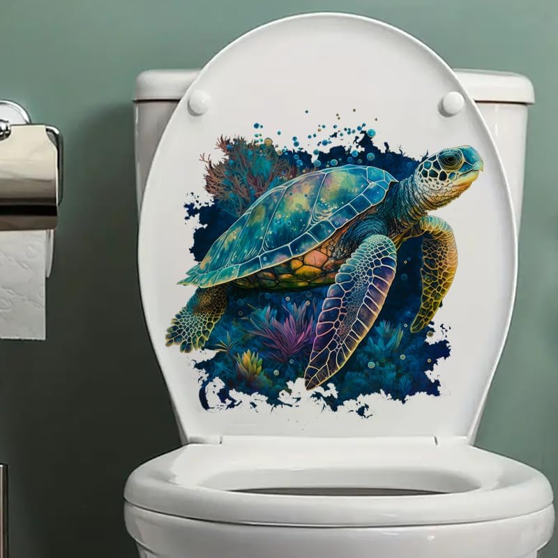 Colorful Turtle Toilet Cover Sticker Decals,Fish Bird Flower Leaf Waterproof Toilet Lid Tank Seat Decals Cistern Self-Adhesive Bathroom Wall Sticker, White