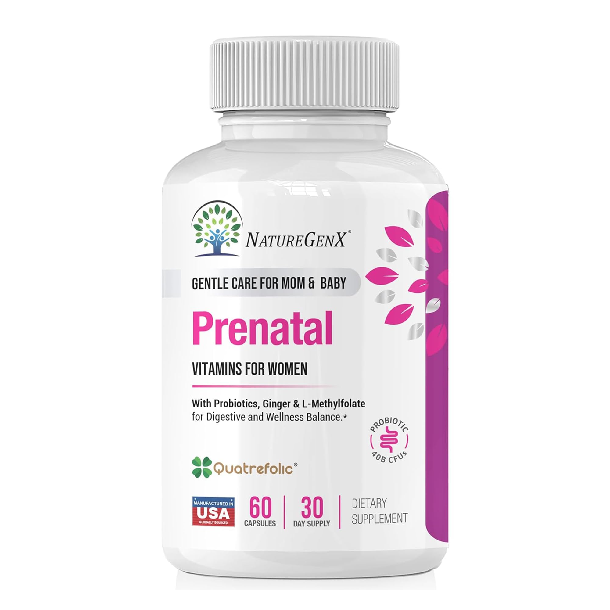 NatureGenX suplemento pré-natal metilado com probióticos, folato metilado, ferro e vitamina B12, 60 cápsulas