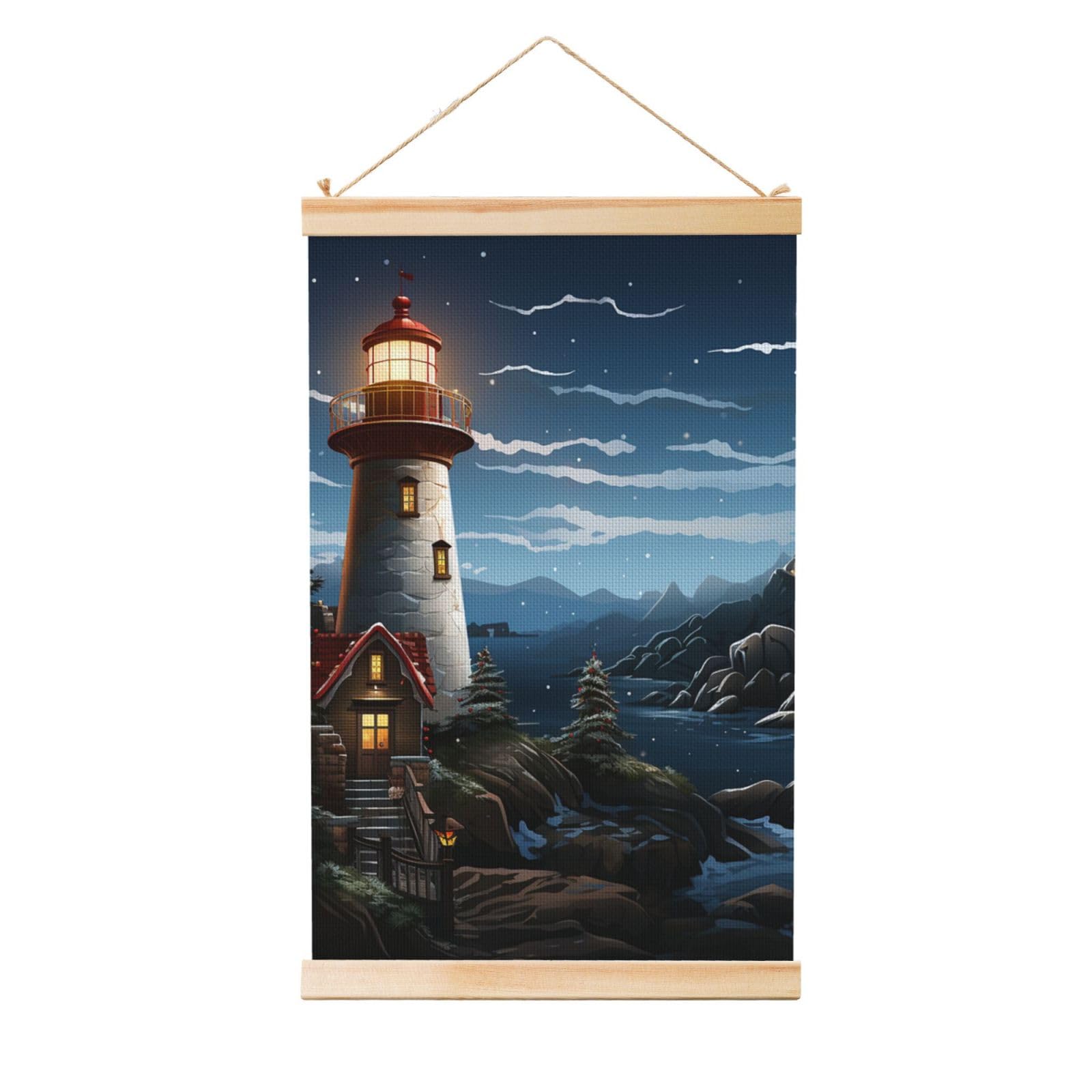 Santa Claus Lighthouse Poster Wooden Shaft Hanging Poster Wall Hanging Banner Canvas Artwork with Wood Frames 36"x24" Modern Artwork Decor Ready to Hang Wall Art for Home Decor Scroll Painting