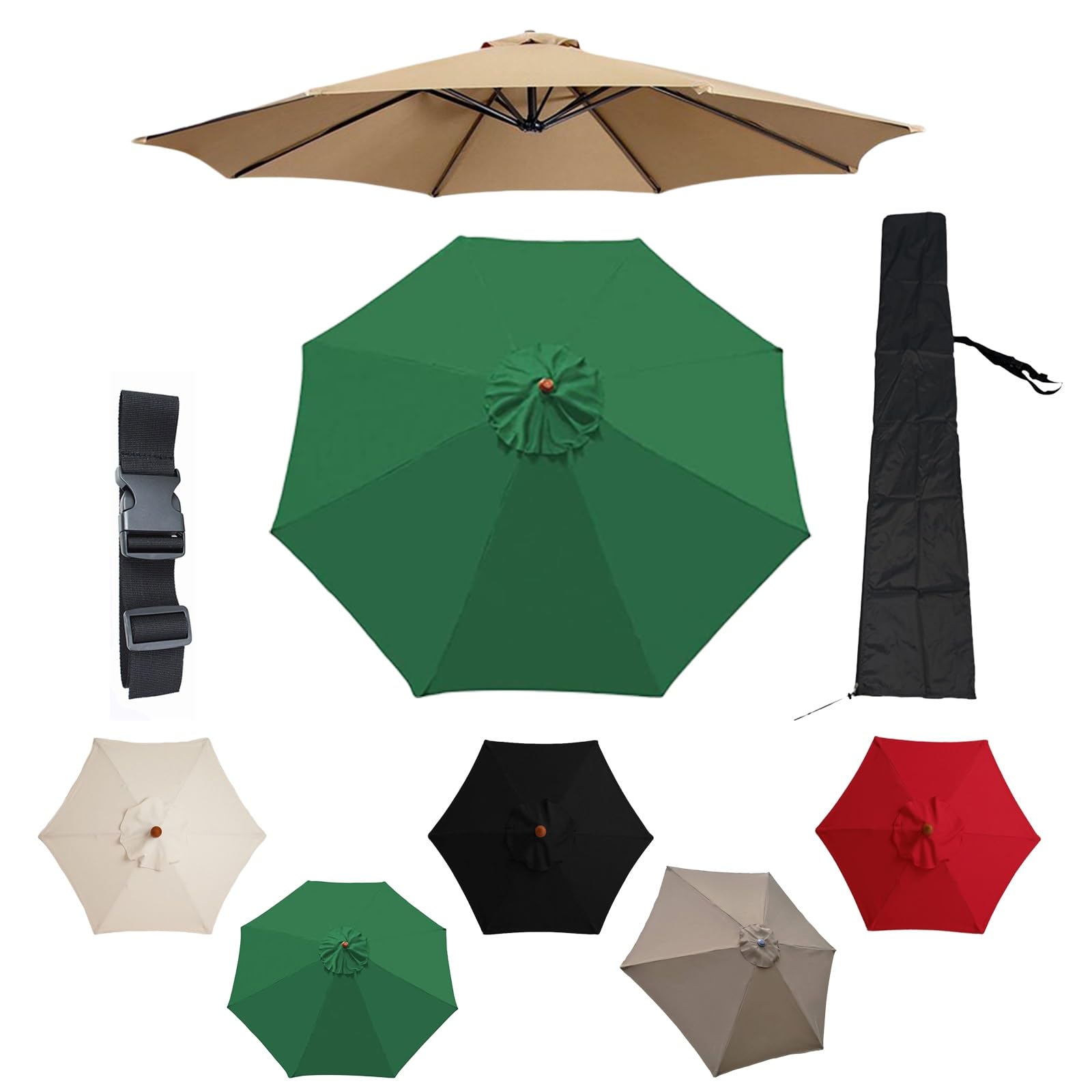 Funda de Repuesto para Sombrilla de JardíN 2/2.7/3 Metros Antivento Anti-Ultravioletto Toldo de Recambio de Sombrilla Piscina JardíN Terrazas Exterior(Green,8-RIBS:2.7m/8.8ft)