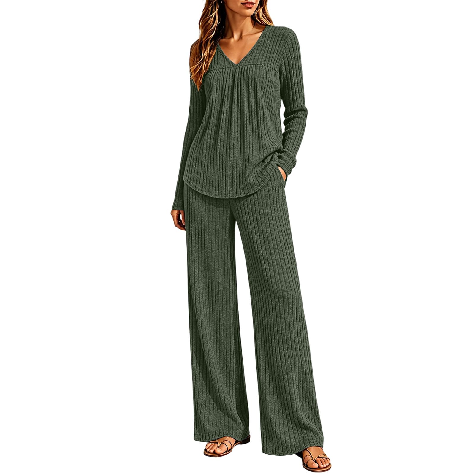 LUCKME Conjunto Punto Mujer 2 Piezas Jersey Manga Larga y Pantalones Anchos