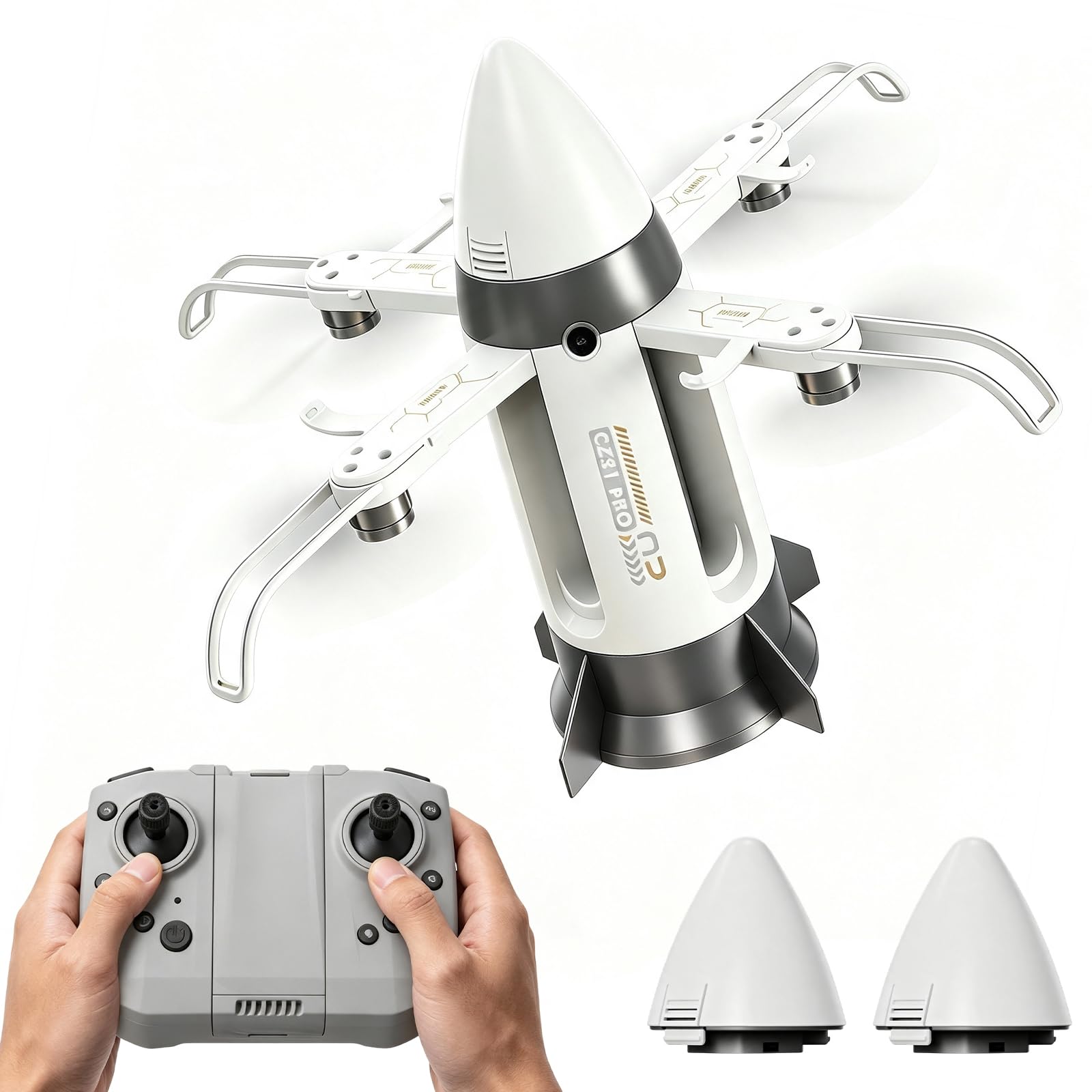 Fernbedienung Rakete Stil Drohne Kinder Spielzeug, Remote Control Drone | Spray und LED Leuchten, Bürstenloser Motor, 2 Akku, Start/Landung mit Einem Klick, 2.4GHz RC Flugzeuge Drinnen Draußen