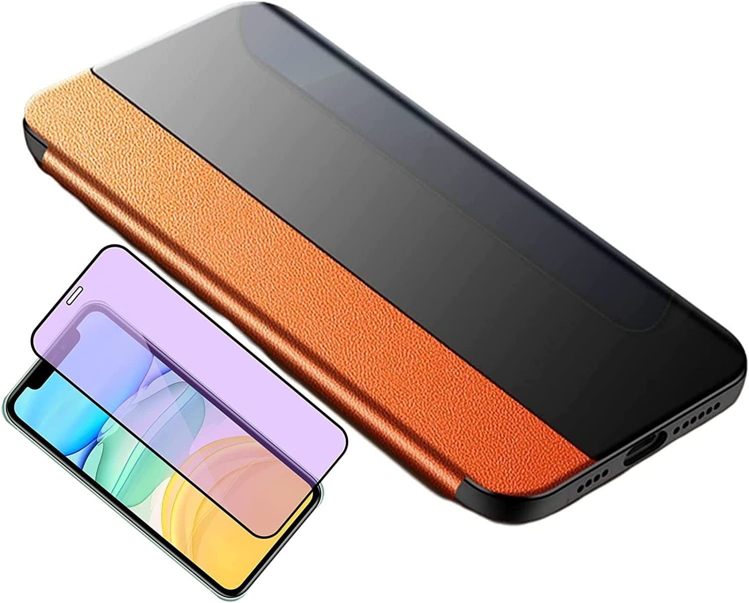 Étui iPhone 13 Mini en cuir véritable orange avec support Clear View - 8