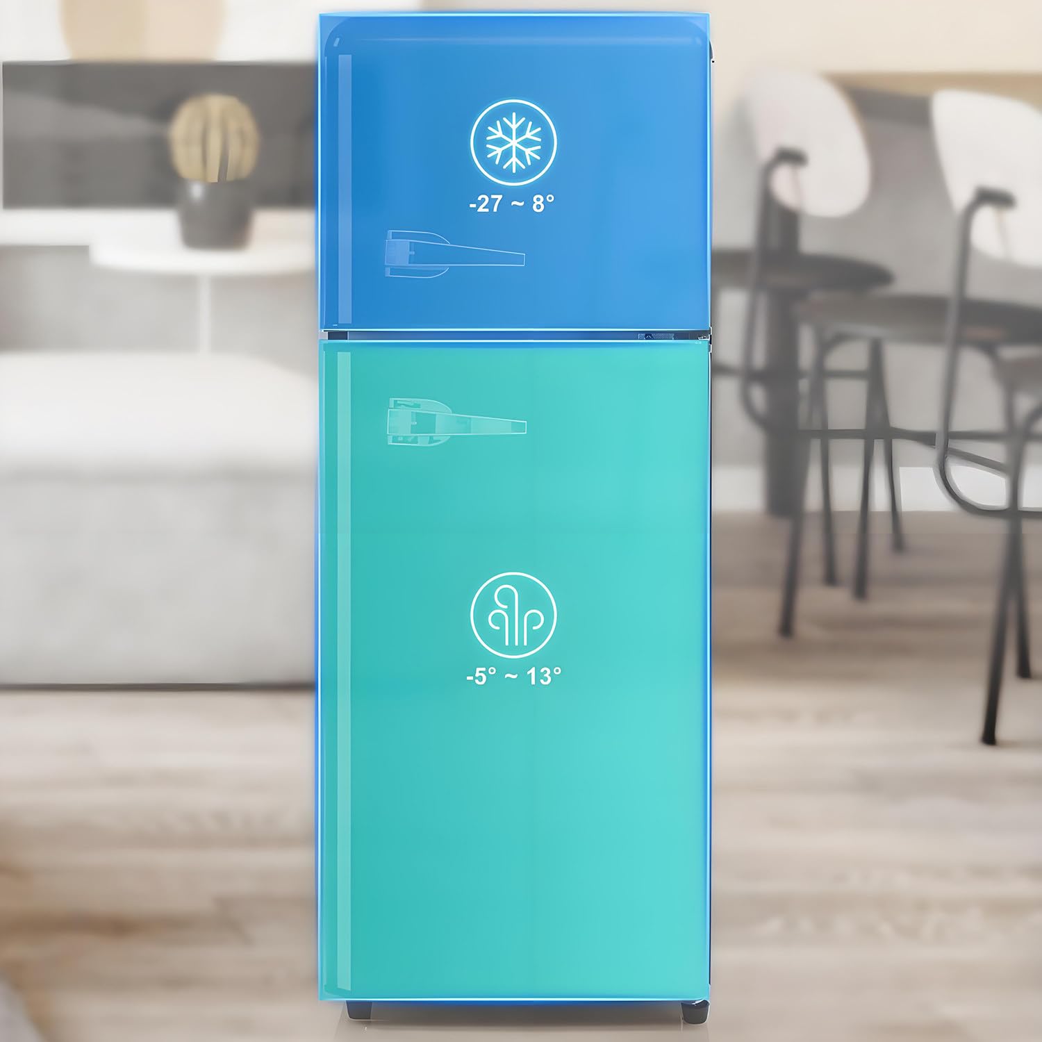 Minifrigorifero retrò con funzione congelatore, due porte, 92 l, scomparto congelatore a 4 stelle, illuminazione a LED, 116 kWh/anno, compatto e indipendente, volume congelatore 28 l,White