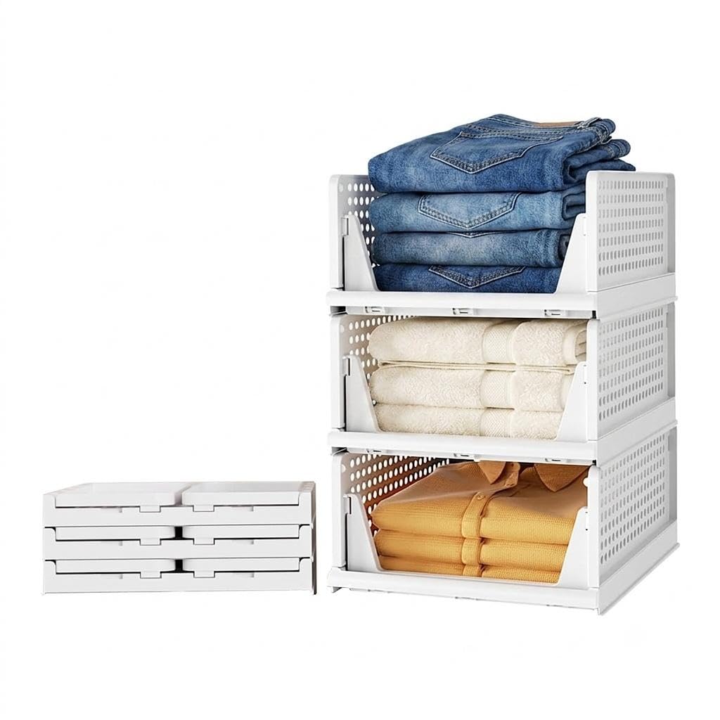 3-piece large stackable wardrobe organizer | foldable polypropylene cupboard organiser for clothes | adjustable sliding drawer & space-saving | multipurpose storage rack (white)