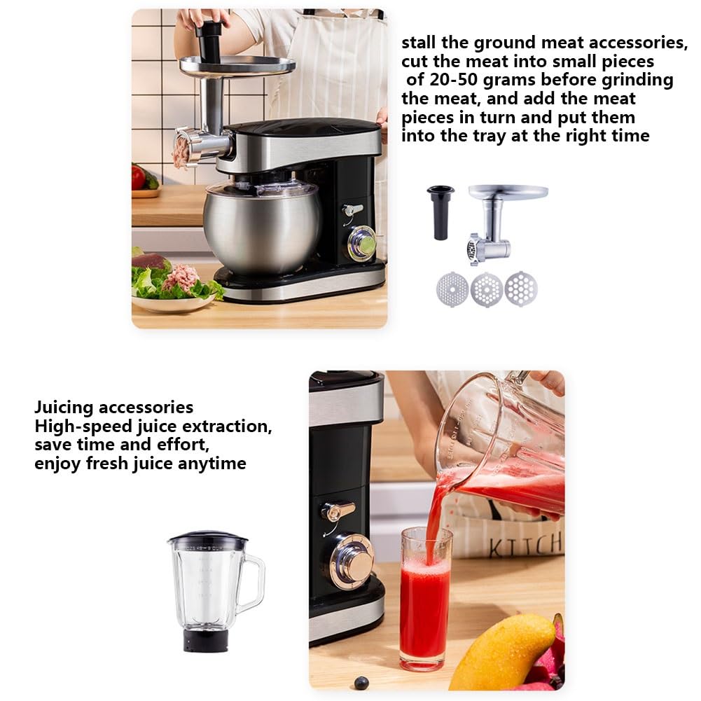 Robot De Cocina Ajuste De Pulso De 6 Velocidades Con Batidora Amasadora Recipiente Para Mezclar De 6,5 L Con Gancho Para Masa, Batidor Accesorios Opcionales Molinillo De Carne, Extractor De Jugo 1500W