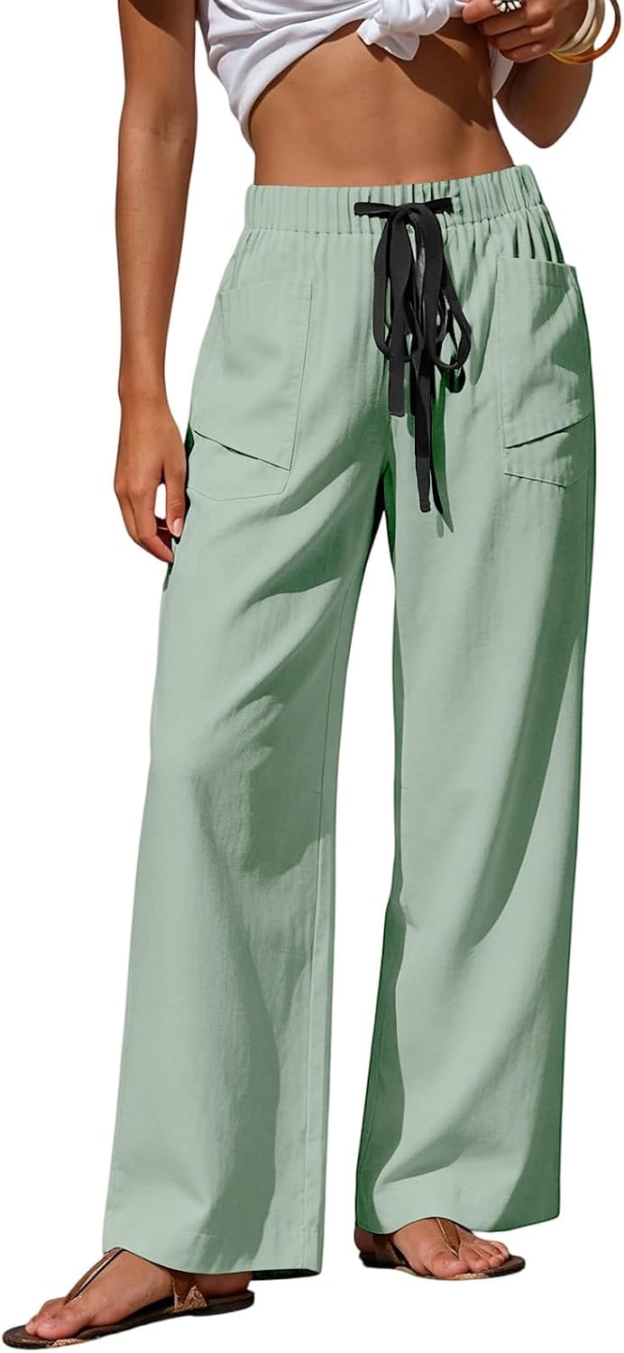 Womens Wide Leg Pants Drawstring High Waisted Casual Flowy Palazzo Lounge Trouser Summer Beach Vacation Pants