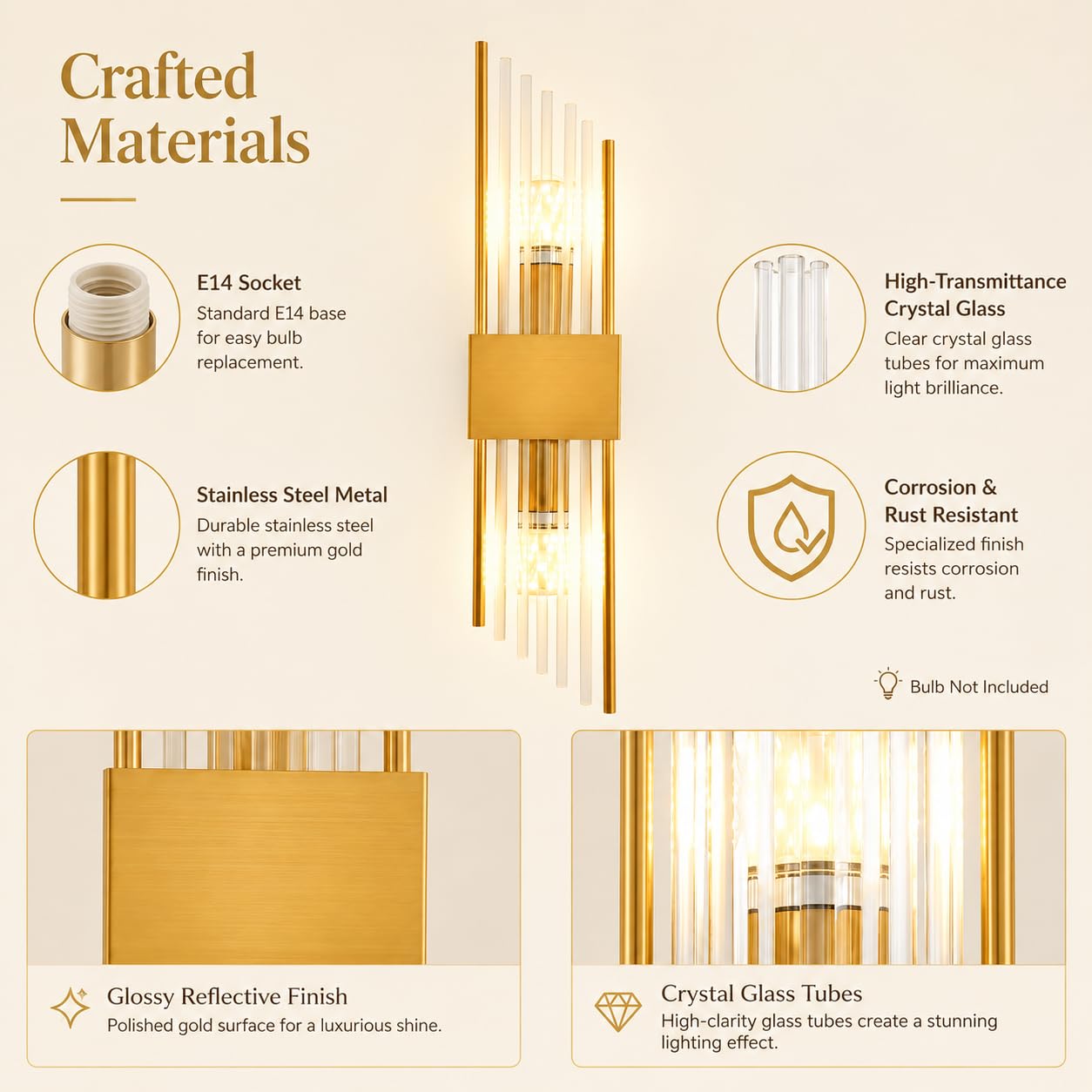 Lampada da parete di con cristallo,Applique moderna per soggiorno,camera da letto e corridoio,Elegante illuminazione da parete per interni,E14 Applique da parete geometrica (Oro, 60cm)