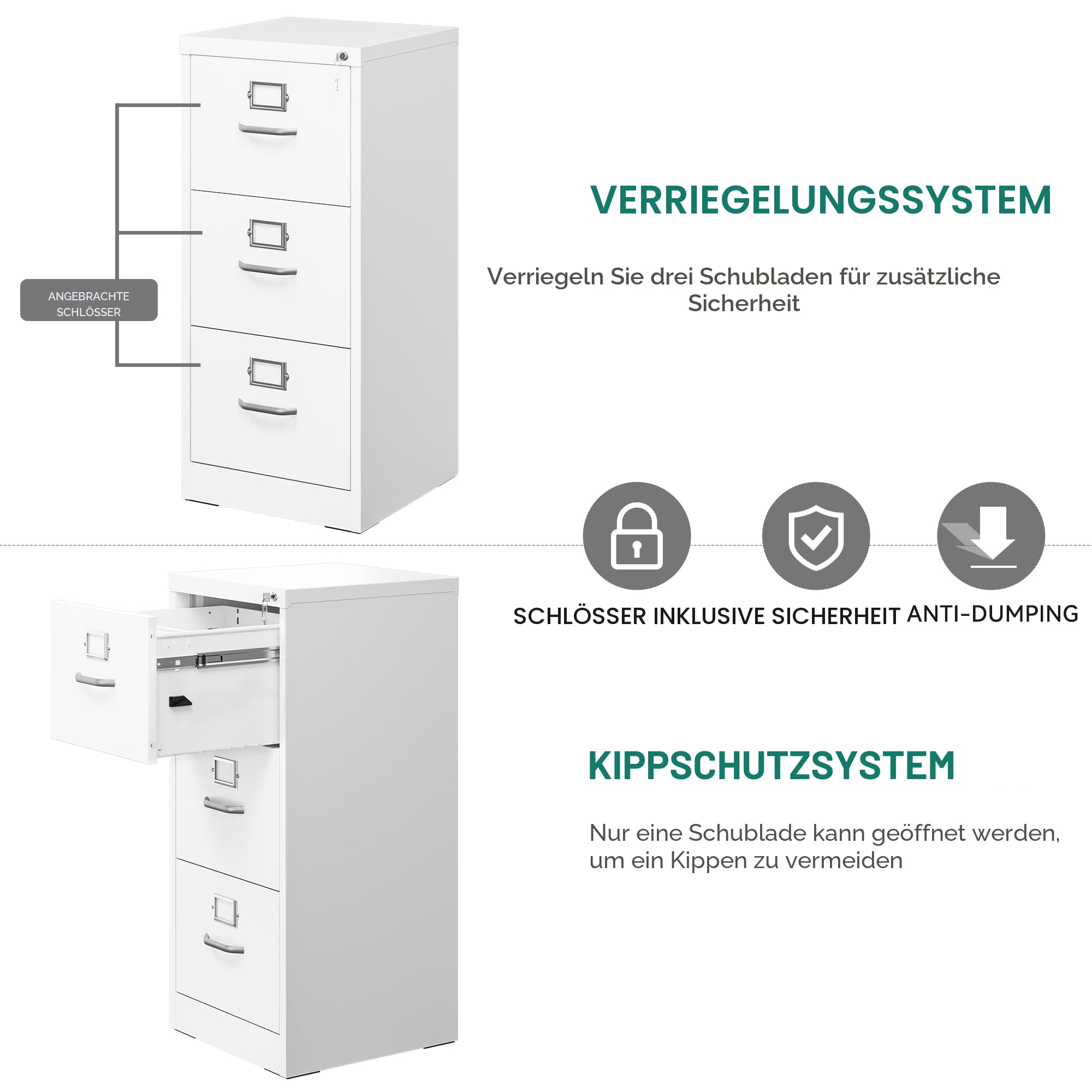 YITAHOME Aktenschrank Abschließbar, Metall Aktenschränke mit 3 Schubladen für A4, Legal, Letter, Anti-Kippen Büroschrank mit Cue-Kartenschlitz für Home-Office, Weiß, 45.8 x 45 x 103cm