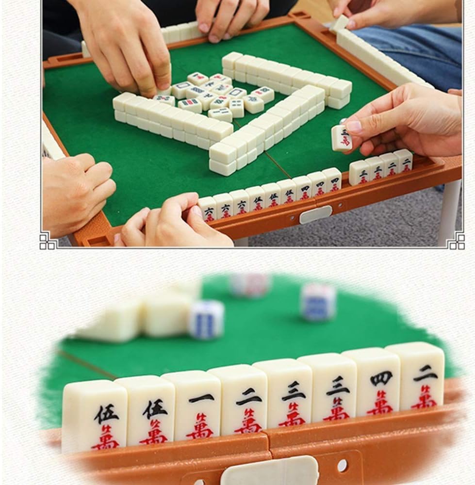 Ensemble de Mahjong Mini avec Table Pliable Ensemble de Voyage Majiang Ensemble de Mahjong Chinois Professionnel(Green)
