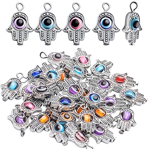 Abalorios de mano de Fátima, 30 piezas de plata envejecida de mano de Hamsa, cuentas de ojo malvado de Fátima, dijes de marco de mano de Hamsa para collar y pulsera
