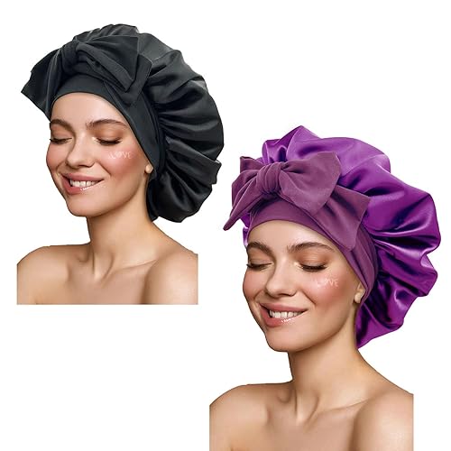 Miniatura 78 de Gorro de seda satinada para dormir, gorros grandes con banda de amarre con correas ajustables, gorras de dormir nocturnas para mujeres, cabello