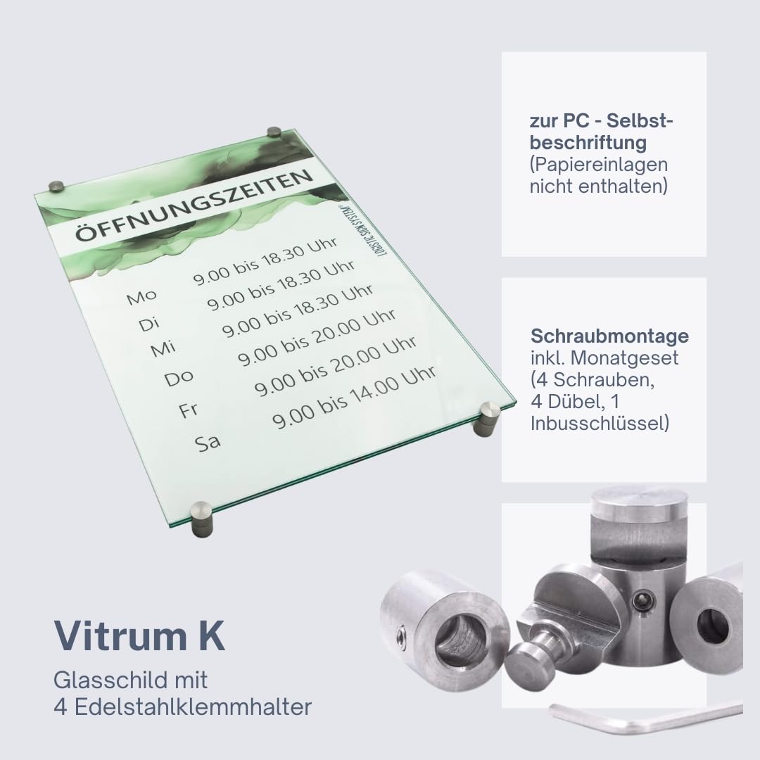 I Türschild Glas,Vitrum K4, Klemmhalter (DIN A3 Sicherheitsglas)