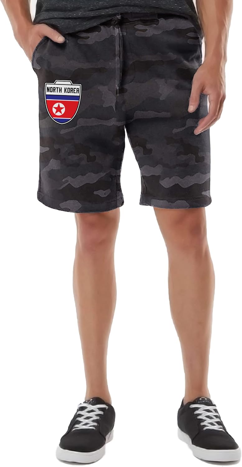 North Korea Crest - Korean National Soccer Cup Men's Drawstring Fleece Sweat Shorts (Large, Black Camo)