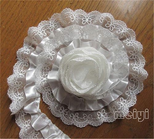 Miniatura 3 de 3 yardas de 2 capas de satén con volantes de malla con borde de encaje, cinta de 2 pulgadas de ancho, estilo elegante, ribete blanco, bordes, tela