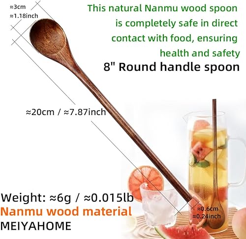 Miniatura 3 de Meiyahome - Cuchara de madera larga de mango redondo de 8 pulgadas, cuchara mezcladora hecha a mano de material Nanmu, cuchara de café de 7.9 in,