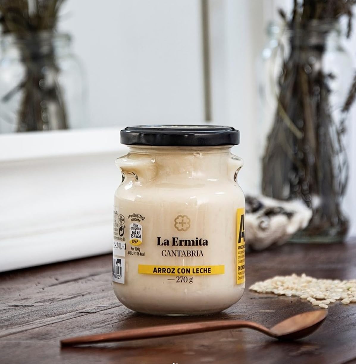 LA ERMITA Arroz con Leche Postre Lácteo Tradicional Tarro de Cristal Canela Limón Sin Gluten 270 g Pack 6