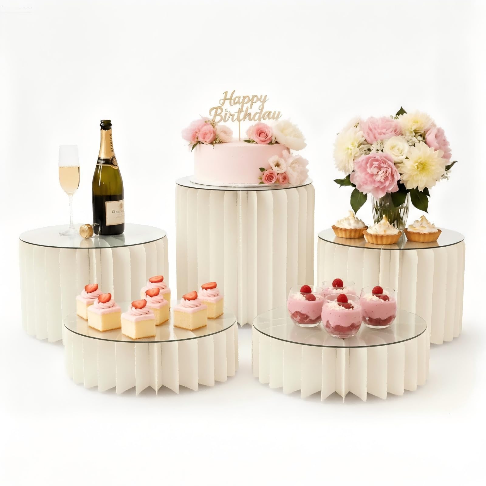 ZYOOO 5 Pack Buffet Risers and Stands, Foldable Food Display Risers for Party & Baby Shower - Reusable Acrylic & Cardboard Dessert Stands for Wedding, Afternoon Tea, Garden Party Display