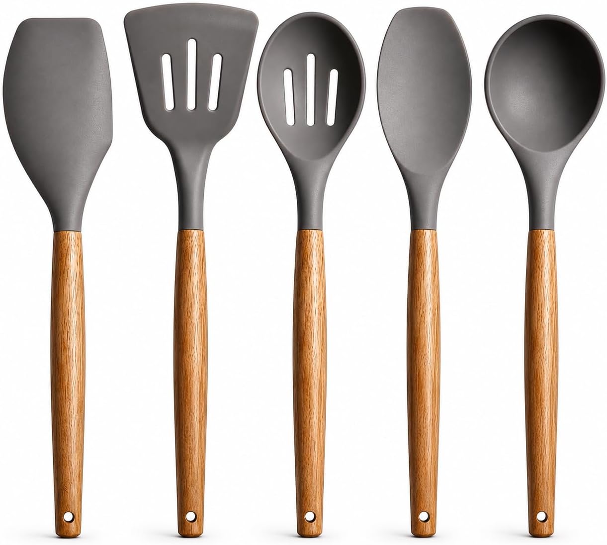 Zollyss Premium Silicone Kitchen Utensil Set with Wooden Handles – Non-Stick Cookware Safe Cooking Tools, Heat Resistant Spatula & Spoon Set for Kitchen (5 PCS, Grey)