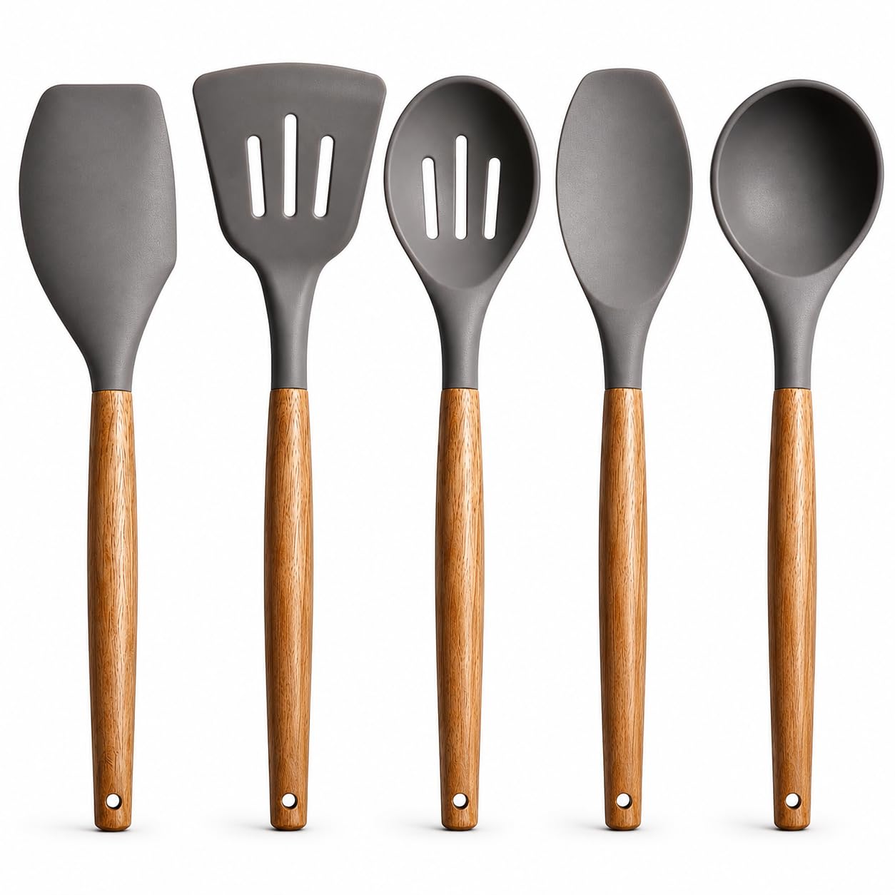 Zollyss Silicone Spatula Set | 5-Piece Premium Silicone Spatula for Non Stick Cookware & Cooking Utensils with Wooden Handles, Heat Resistant Non-Stick Safe Spatula & Spoon Set, Grey