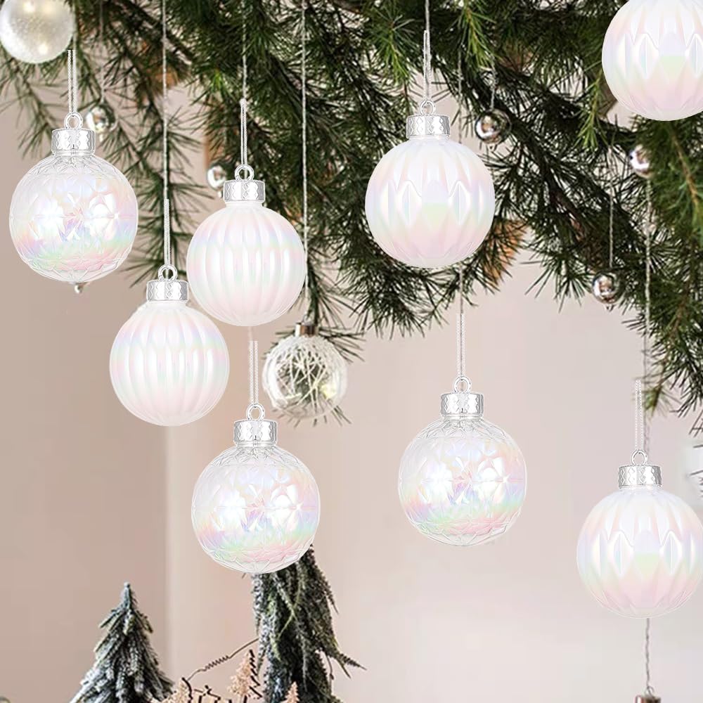 Juego de 9 bolas decorativas blancas iridiscentes de Navidad de 3.15 pulgadas, plástico transparente inastillable, adornos colgantes para decoración de árbol de Navidad, interiores, hogar, Acción de