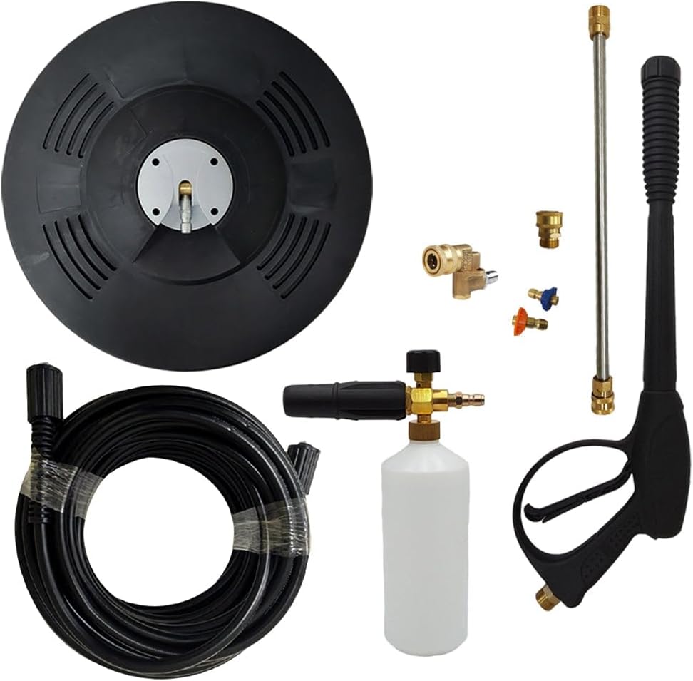 proven part 15" Floor Scrubber, 50' Hose, Pro-Gun Kit and Quick Connect, 1/4" Quick Connect Pivoting Coupler, Nozzle Kit, Foam Lance, Screw-Type Disconnect Fitting 3/8 Female-M22 Brass
