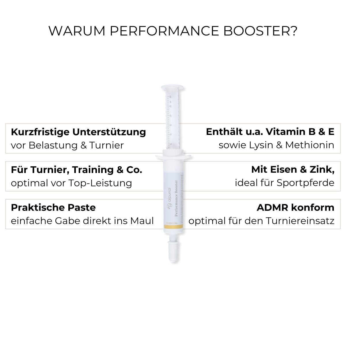 Performance Booster - Ergänzungsfuttermittel für Pferde - Paste für intensives Training, Turniere & hohe Belastung - mit B-Vitaminen, Vitamin E, Lysin & Methionin - ADMR-konform (3 x 30 ml)