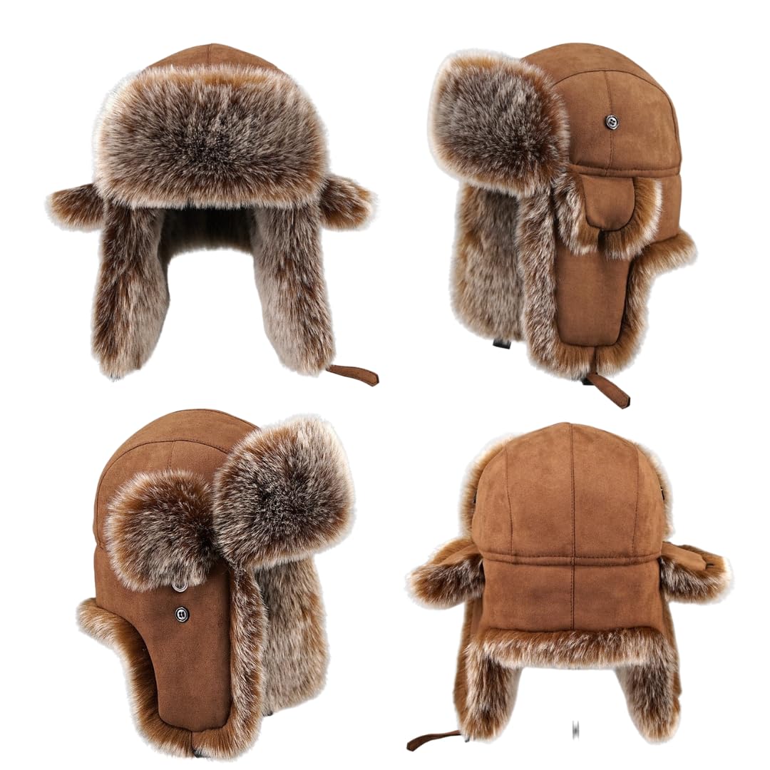 Chapeau bomber luxueux en daim synthétique – Chapeau d'hiver avec cache-oreilles Ushanka