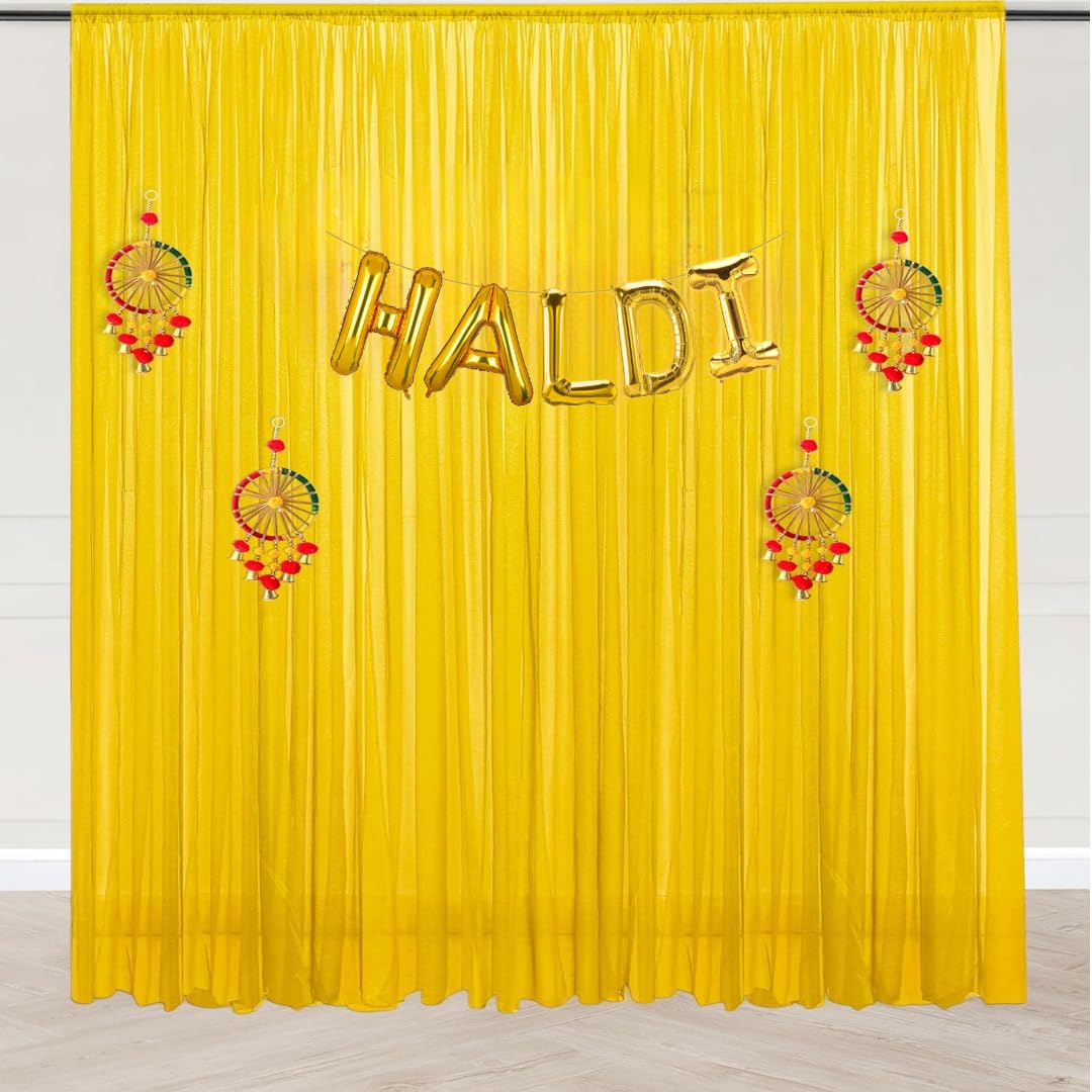 Floroom Yellow Backdrop Cloth for Decoration with Chakra Hangings - 7Pcs Haldi Decoration Items for Home Decor, Haldi Backdrop Decorations Set, Pooja, Wedding Decor (Haldi_36) 4