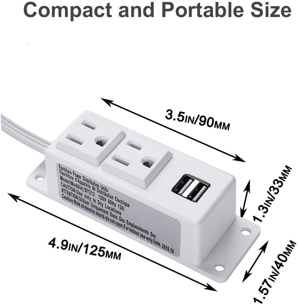 Desk Power Socket with USB Port, Recessed 2 Plugs Outlets, Power Strip 6.6 ft Extension Cord Mountable Under Table Wall Mounting (White)