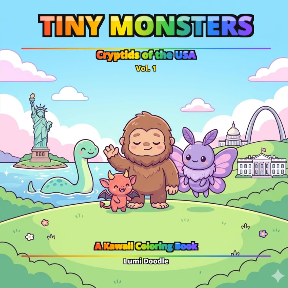 Tiny Monsters: Cryptids of the USA Coloring Book: 50 Kawaii American Cryptids & Famous State Landmarks to Color | Bigfoot, Mothman, Jersey Devil & ... Per State | Fun for Kids, Adults & Families