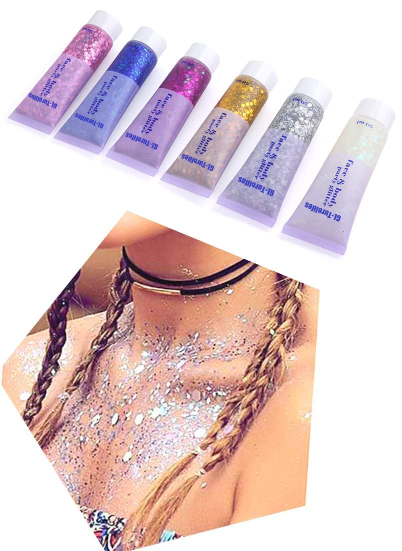 Face Body Glitter Gel per bambini e donne, sirena faccia Glitter da indossare, Squins grosse lucido per capelli e unghie, Rave Festival concerto accessori (#6 Bianco)