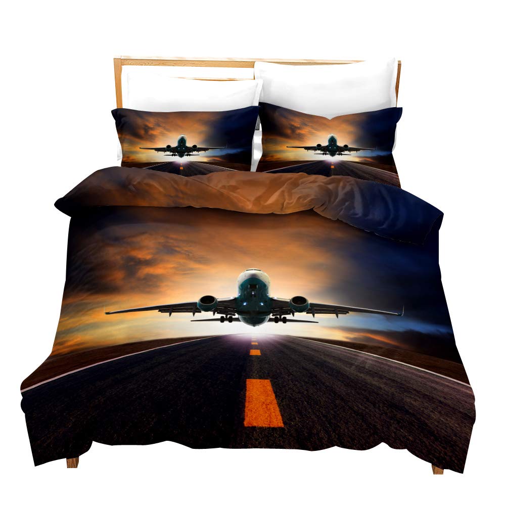 Loussiesd Airplane Duvet Cover Set Double Modern Digital Print Bedding Set for Boys Men Luxury Microfiber Comforter Cover with 2 Pillow Shams Decorative Sky Aviation Theme 3 Pieces, Zipper — image 1