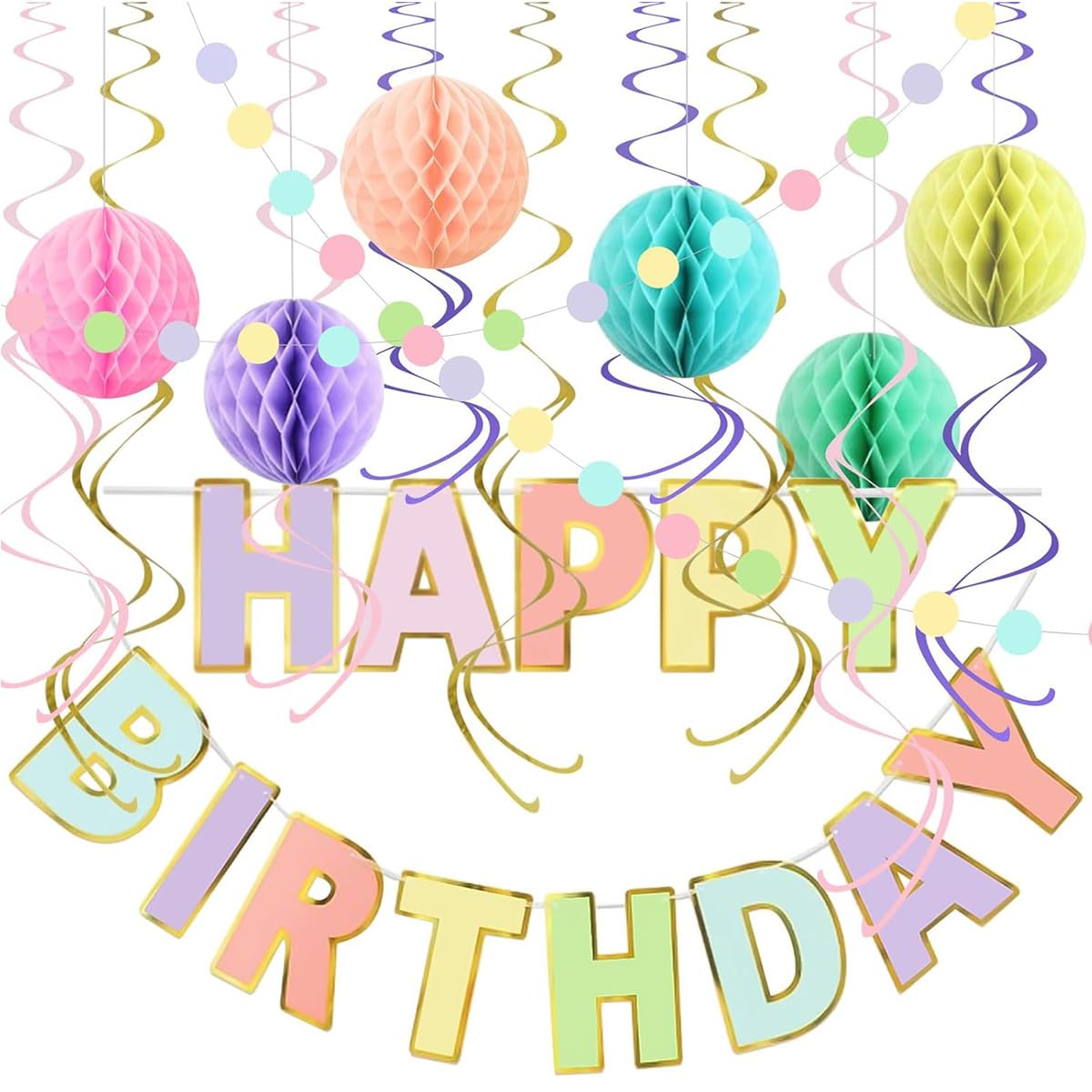 ZYYRSS Birthday Decorations Pack with Pre-Strung Happy Birthday Banner, Dot Garland, Double Hanging Swirls, Honeycomb Ball Macaron Party Decorations for Women Girls Boys Backdrop Supplies