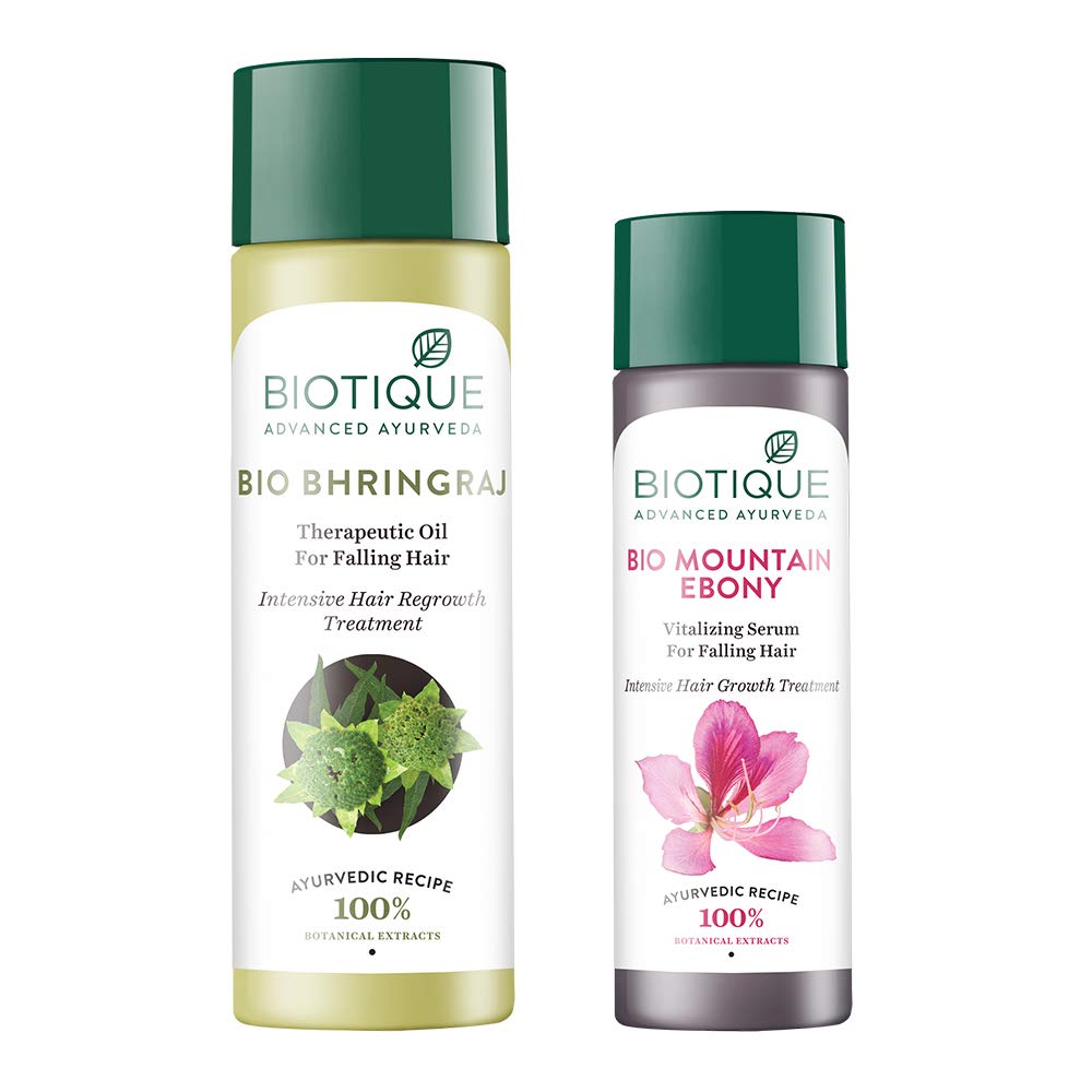 BiotiqueBio Bhringraj Fresh Growth Oil - 200ml and Bio Mountain Ebony Vitalizing Serum - 120ml (Pack of 2)