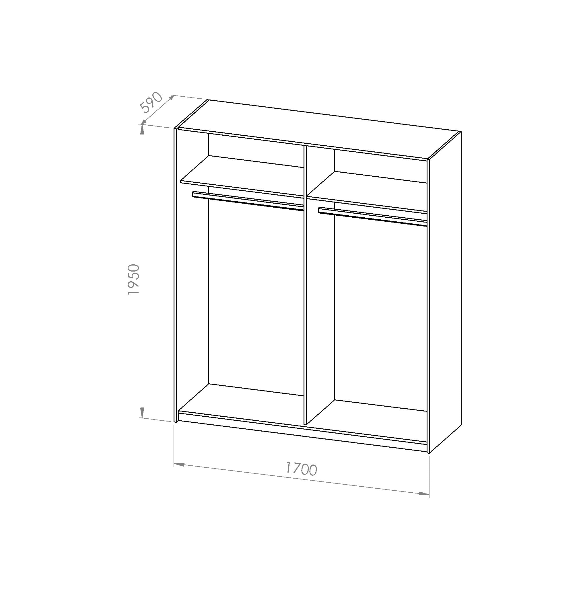 Armadio Scorrevole, 2 Ante, 170 cm Larghezza, 59 cm Profondità, 195 cm Altezza, Legno laminato Bianco