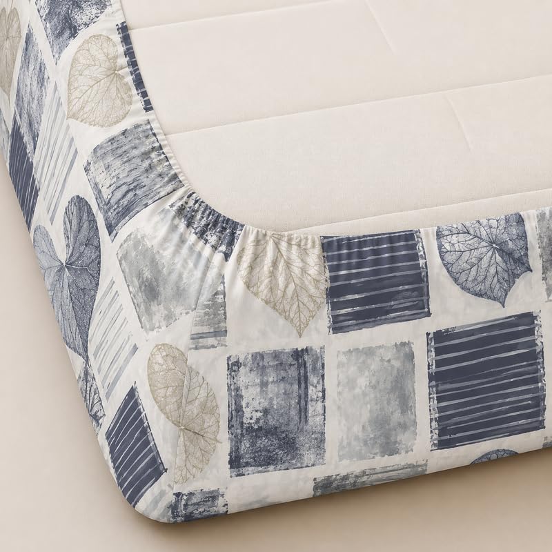 Image of Fitted Sheet Grey Leaf Patch Print Fitted Bedsheet | Glace Cotton 140 TC | Double Size (48x75 inch) with 2 Pillow Covers (18x28 inch) | Deep Pocket up to 10 Inches - Soft & Comfortable