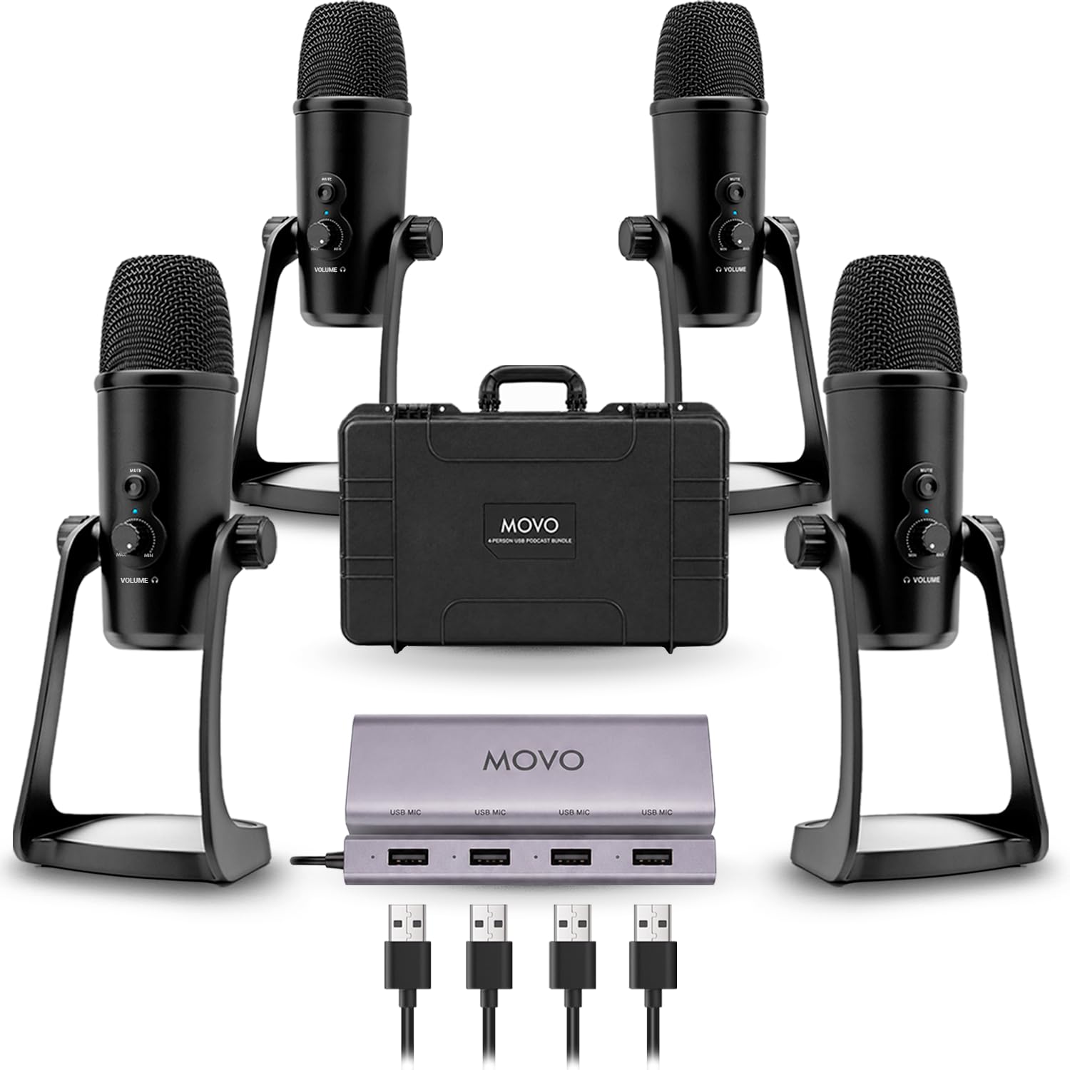 Movo USB Podcast Equipment Bundle for 4 - USB Interface with 4 UM700 Condenser Microphones - 4-Port Powered Hub for Streaming, Podcasting, Interviews